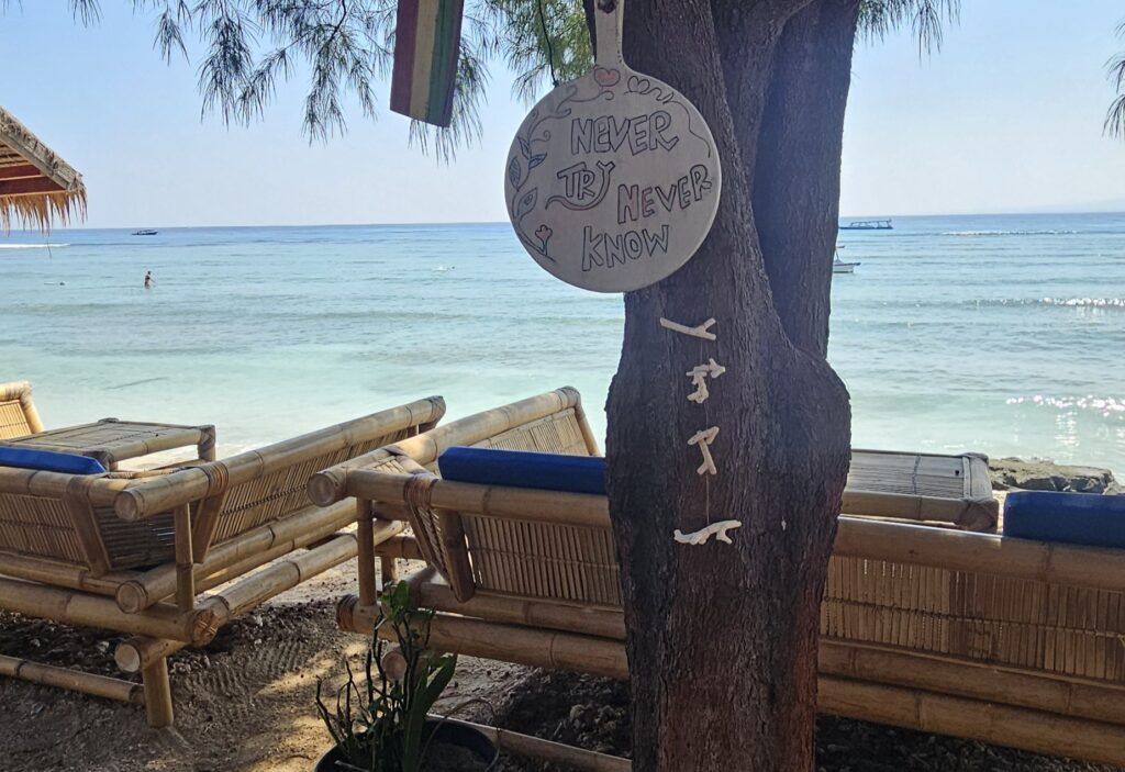 Wooden sign saying “Never try, never know” on a tree above bamboo sunbeds by the sea on Gili Air